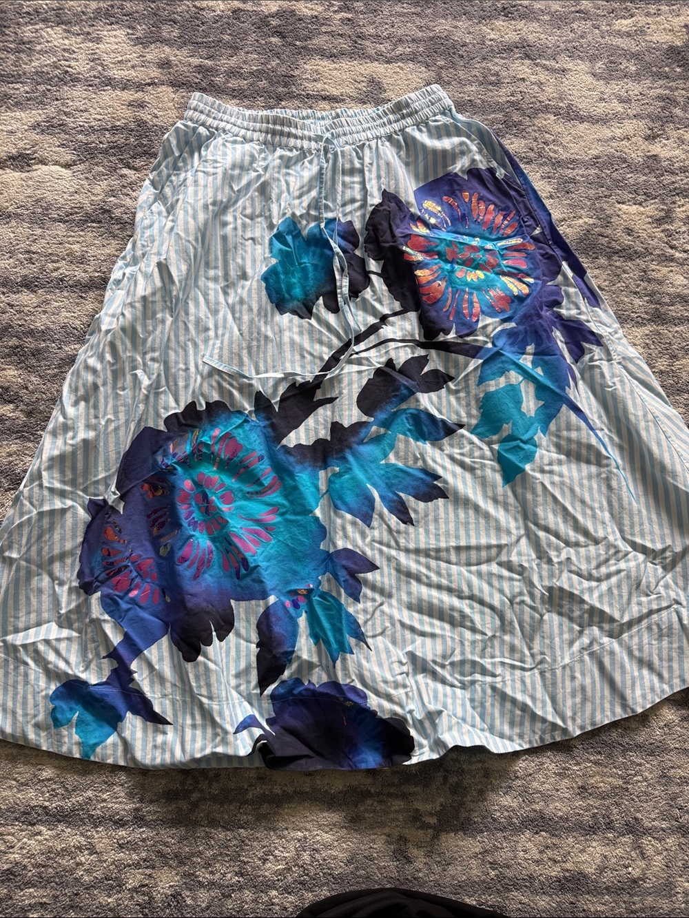 Striped A-Line Midi Skirt with Blue Floral Print
